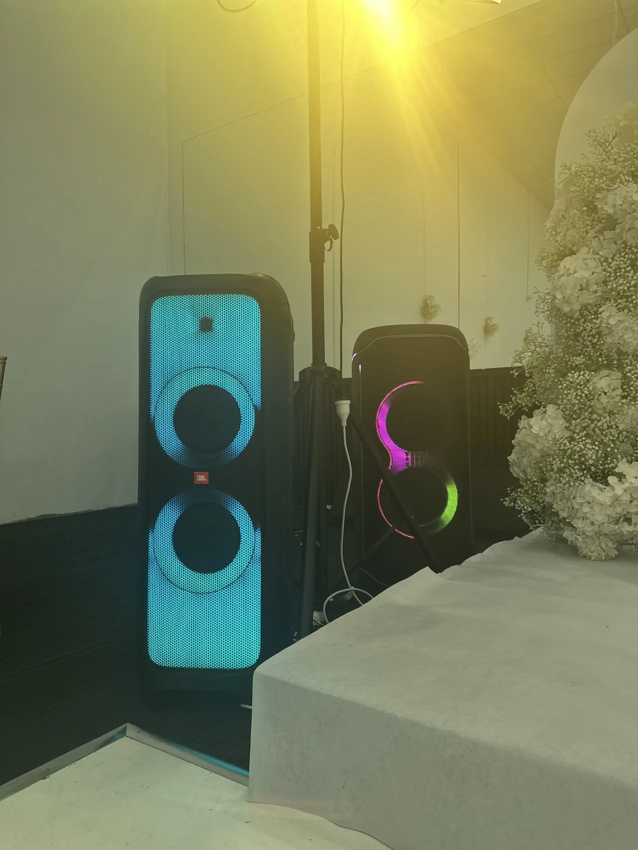 Close-up of JBL speakers at a reception