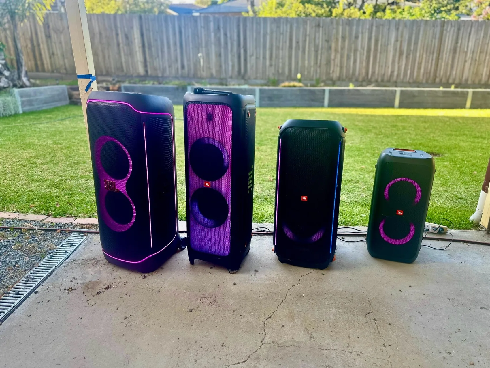 Four JBL PartyBox models on display